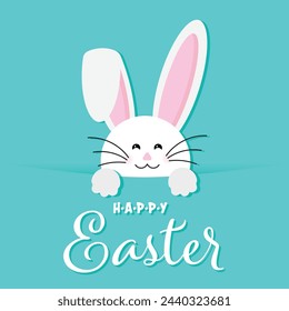 Colorful Happy Easter greeting card with rabbit, bunny, and eggs with banners.