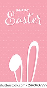 Colorful Happy Easter greeting card with rabbit, bunny, and eggs with banners.