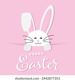 Colorful Happy Easter greeting card with rabbit, bunny, eggs with banners