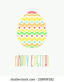Colorful Happy Easter Greeting Card with Decorative Egg and Words on White Background in Flat and Hand Drawn Design. Layered