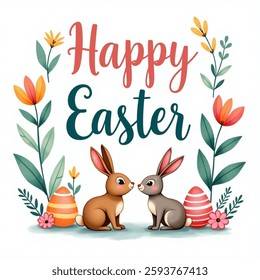 Colorful Happy Easter greeting card with rabbit, bunny and lettering.Vector illustration on a white background.