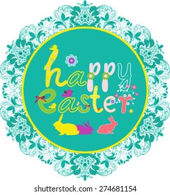 Colorful Happy Easter greeting card with flowers and rabbit elements composition. EPS10 vector file organized in layers for easy editing.