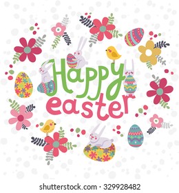 Colorful Happy Easter greeting card with flowers eggs and rabbit elements composition. Floral wreath