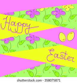 Colorful Happy Easter greeting card with flowers and eggs