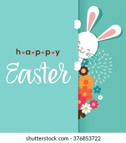 Colorful Happy Easter greeting card with rabbit, bunny, eggs and banners