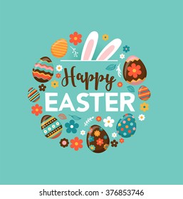 Colorful Happy Easter greeting card and rabbit  bunny   text