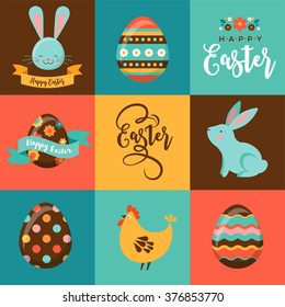 Colorful Happy Easter greeting card with rabbit, bunny, eggs and banners