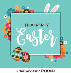 Colorful Happy Easter greeting card with rabbit, bunny, eggs and banners