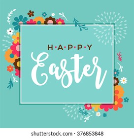 Colorful Happy Easter greeting card with rabbit, bunny, eggs and banners