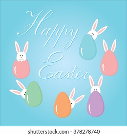 Colorful Happy Easter greeting card with eggs and rabbits on blue background. Vector illustration.