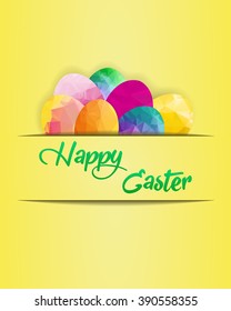 Colorful Happy Easter greeting card with composition of geometric polygonal eggs: green, red, blue. Yellow background. Green text. EPS10 vector illustration..