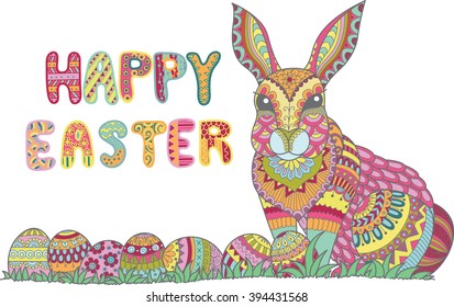 Colorful Happy Easter greeting card with colorful easter eggs and bunny