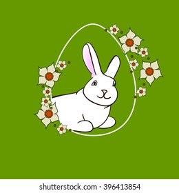 Colorful Happy Easter greeting card with rabbit, bunny, eggs and banners and  lent lily white