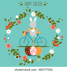 Colorful Happy Easter Greeting Card With Rabbit