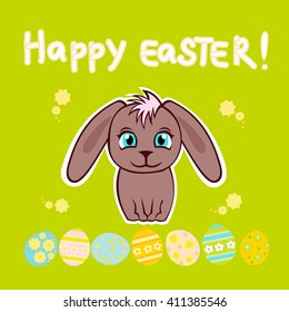 Colorful Happy Easter greeting card with grey bunny and eggs. Cute rabbit. Easter postcard.