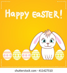 Colorful Happy Easter greeting card with white bunny and eggs. Cute rabbit. Easter postcard.