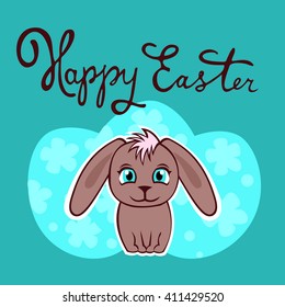 Colorful Happy Easter greeting card with grey bunny and eggs. Cute rabbit. Easter postcard.