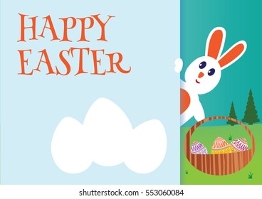 Colorful Happy Easter greeting card with rabbit and eggs