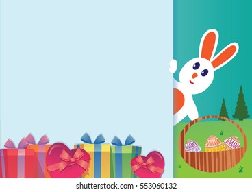 Colorful Happy Easter greeting card with rabbit and eggs