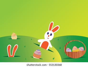 Colorful Happy Easter greeting card with rabbit and eggs 
