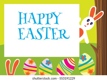 Colorful Happy Easter greeting card with rabbit and eggs 