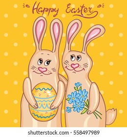 Colorful Happy Easter greeting card with two rabbit, bunny, egg and bouquet on a bright yellow background with dots, vector illustration