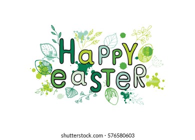 Colorful Happy Easter greeting card with leafs, eggs and blots elements composition.
