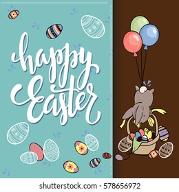 Colorful Happy Easter greeting card with cute rabbit, eggs, balloons and blue and brown background.