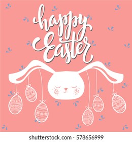 Colorful Happy Easter greeting card with cute rabbit, eggs and pink background.