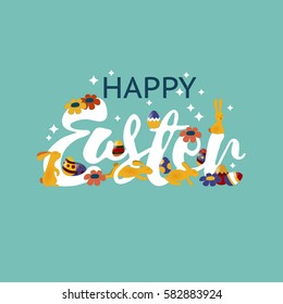 Colorful happy Easter greeting card with flowers eggs carrot and rabbit elements composition. EPS10 vector file organized in layers for easy editing.