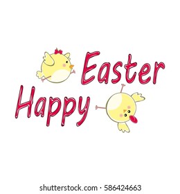 Colorful Happy Easter greeting card with cute chickens - vector illustration