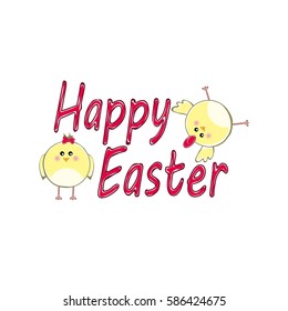 Colorful Happy Easter greeting card with cute chickens - vector illustration