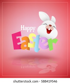 Colorful Happy Easter greeting card with rabbit, bunny, eggs and banners. Vector illustration for Easter day