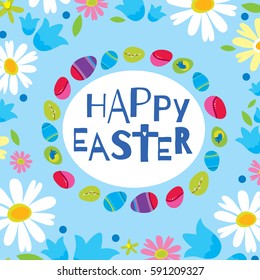 Colorful Happy Easter greeting card with flowers eggs elements composition. Cute Happy Easter greeting card.