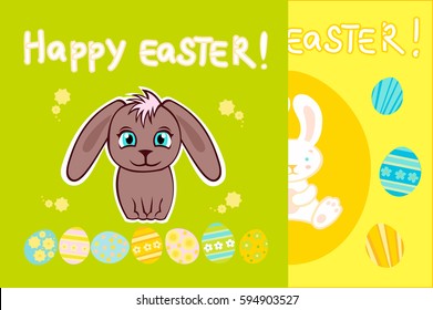 Colorful Happy Easter greeting card with grey bunny and eggs. Cute rabbit. Easter postcard.