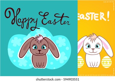 Colorful Happy Easter greeting card with grey bunny and eggs. Cute rabbit. Easter postcard.