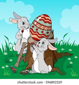 Colorful Happy Easter greeting card with bunny and eggs. Cute Happy Easter greeting card. Easter Bunnies on scenic landscape background.