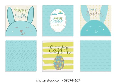 Colorful Happy Easter greeting card with rabbit, bunny and text. Postcard text templates. Happy easter lettering modern calligraphy style.