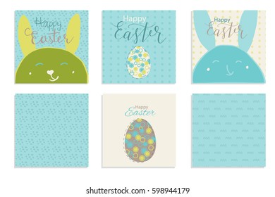 Colorful Happy Easter greeting card with rabbit, bunny and text. Postcard text templates. Happy easter lettering modern calligraphy style.