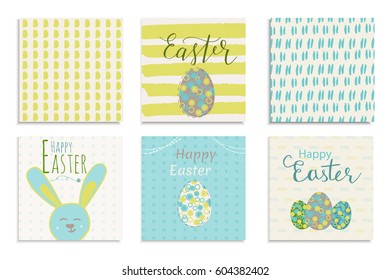 Colorful Happy Easter greeting card with rabbit, pattern and text. Set of 6 postcard  templates with message. Modern lettering  calligraphy style.