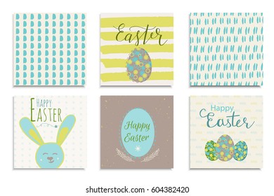 Colorful Happy Easter greeting card with rabbit, pattern and text. Set of 6 postcard  templates with message. Modern lettering  calligraphy style.