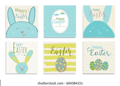 Colorful Happy Easter greeting card with rabbit, pattern and text. Set of 6 postcard  templates with message. Modern lettering  calligraphy style