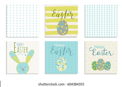 Colorful Happy Easter greeting card with rabbit, pattern and text. Set of 6 postcard  templates with message. Modern lettering  calligraphy style. Vector