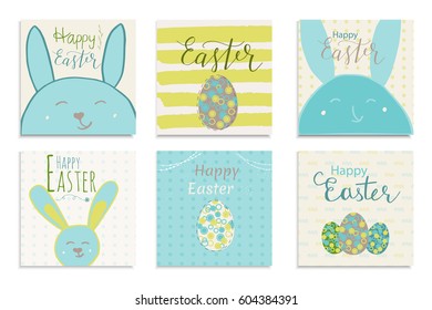 Colorful Happy Easter greeting card with rabbit, pattern and text. Set of 6 postcard  templates with message. Modern lettering  calligraphy style.