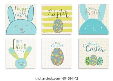 Colorful Happy Easter greeting card with rabbit, pattern and text. Collection of 6 postcard  templates with message. Modern lettering  calligraphy style.