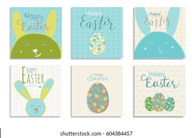 Colorful Happy Easter greeting card with rabbit, pattern and text. Set of 6 postcard  templates with message. Modern lettering  calligraphy style.