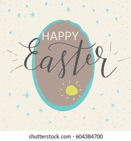 Colorful Happy Easter greeting card with cute egg and text. Postcard  template. Modern lettering calligraphy style.