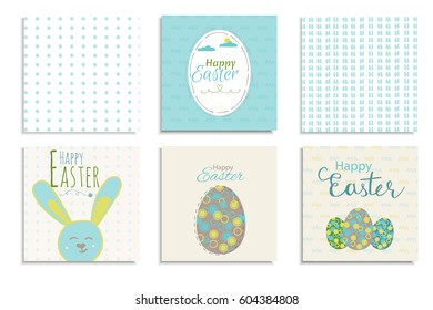 Colorful Happy Easter greeting card with rabbit, pattern and text. Set of 6 postcard  templates. Modern lettering  calligraphy style.
