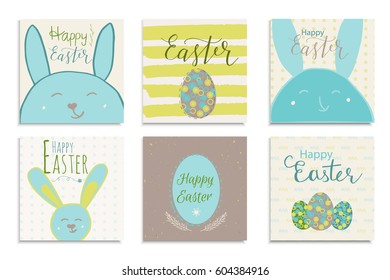 Colorful Happy Easter greeting card with rabbit, pattern and text. Set of 6 postcard  templates with message. Modern lettering  calligraphy style.