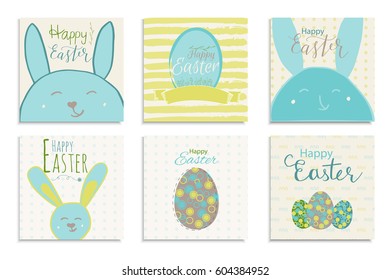 Colorful Happy Easter greeting card with rabbit, pattern and text. Set of 6 postcard  templates with message. Modern lettering  calligraphy style.